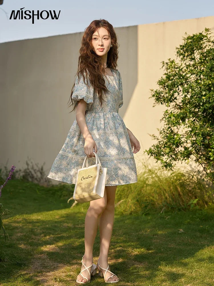 Mishow Square Collar Blue Floral Puff Sleeve Dress MXC38L1520