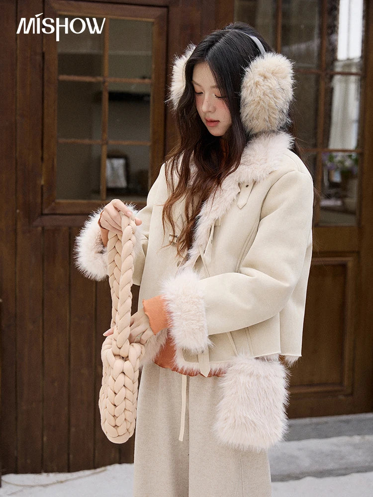 Mishow Faux Fur Lapel Short Coat with Plush Bag MXE91W1000