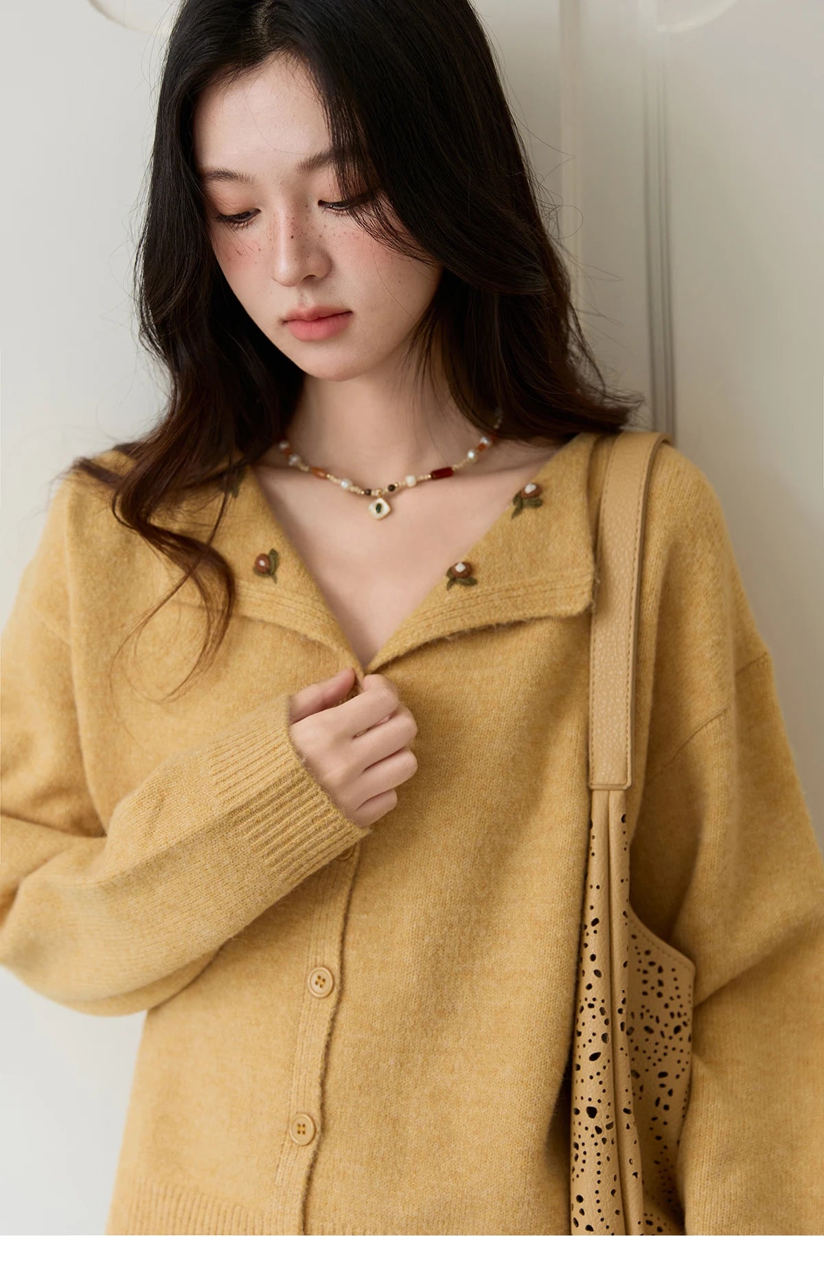 Mishow Yellow Handmade Flower Turn-Down Collar Cardigan MXE47Z2591