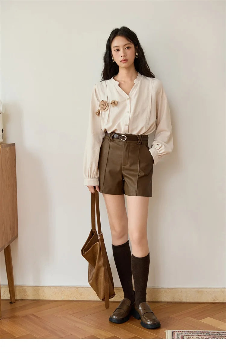 Mishow PU Leather High Waist A-Line Shorts with Slanted Pockets MXE48K1086