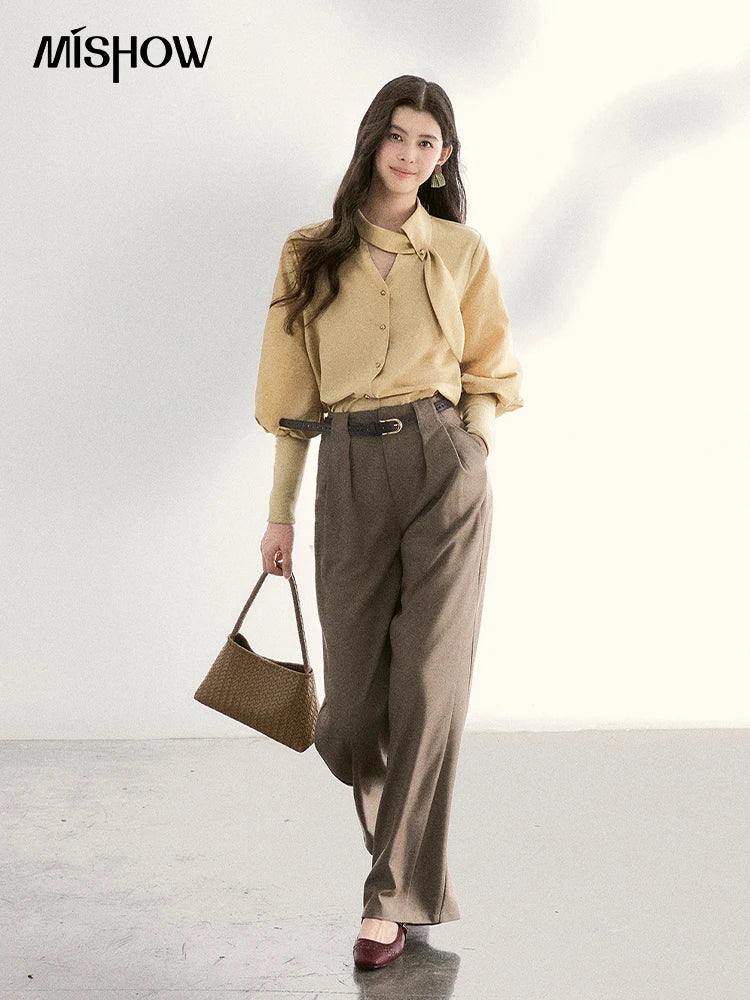 MISHOW Women's Tie Neck Shirt Hollow Out Knitted Patchwork Puff Sleeve MXF108C0812