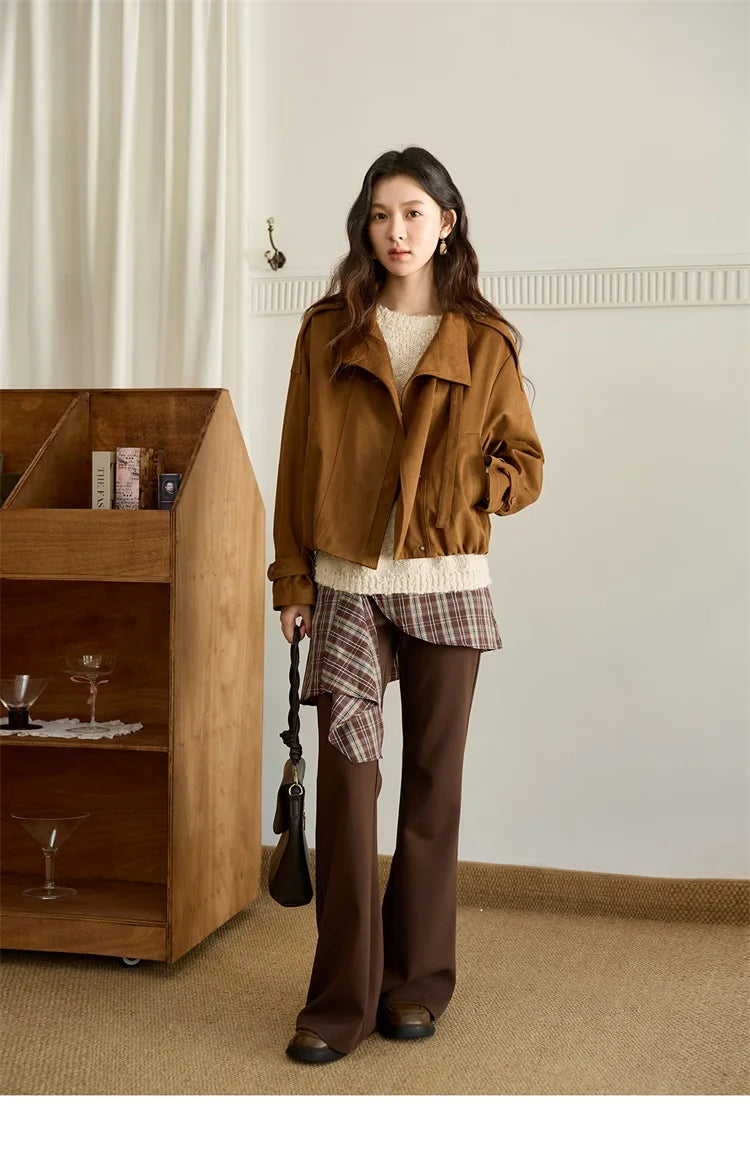 MISHOW Vintage Suede Short Jacket Brown Lapel Zipper MXE45W0869