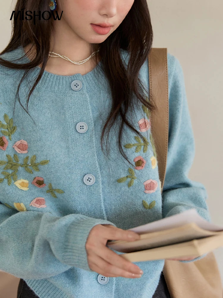 Mishow Blue Floral Embroidered Wool Cardigan MXE51Z2695