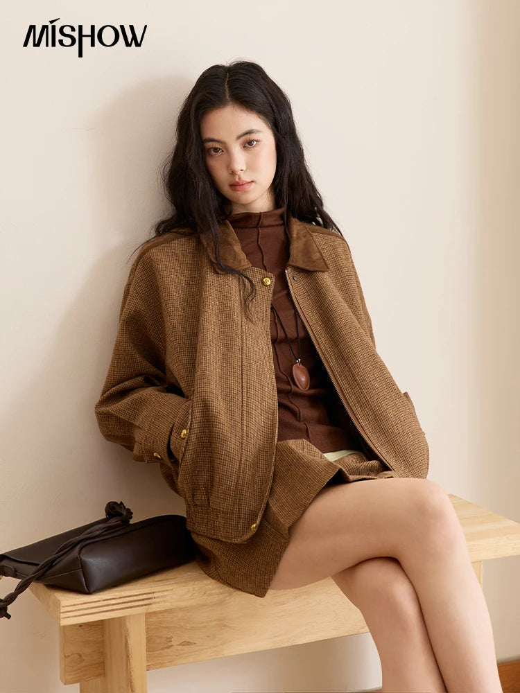 Mishow Plaid Zipper Jacket & Mini Pleated Skirt Set MXE49T1393