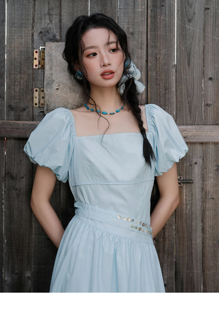 Mishow Square Neck Puff Sleeve Double Belt Dress MXE34L2222