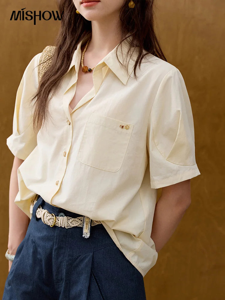 MISHOW French Turn-Down Collar Short Sleeve Solid Blouse MXE33C0778