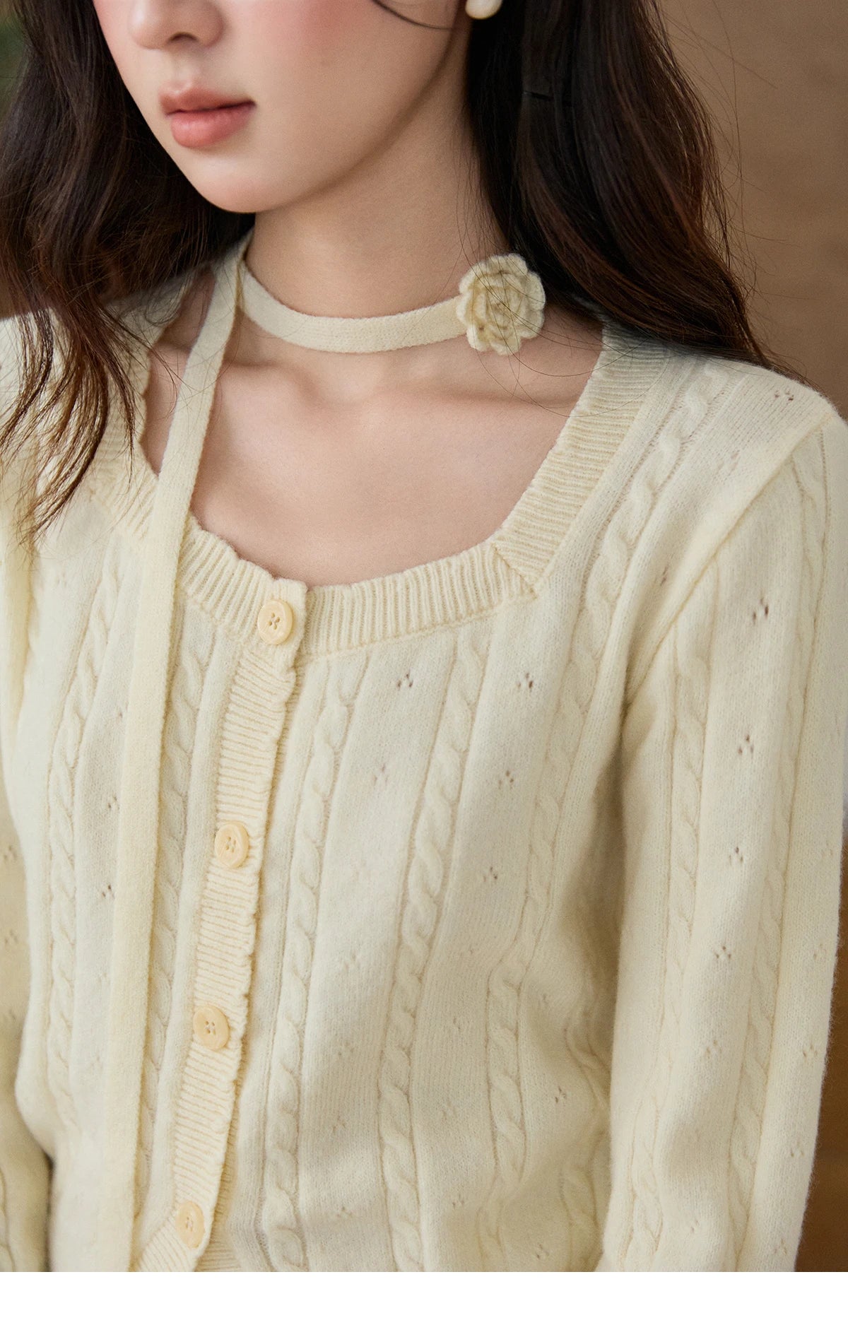 Mishow Beige Cable Knit Square Neck Cardigan MXF11Z2903