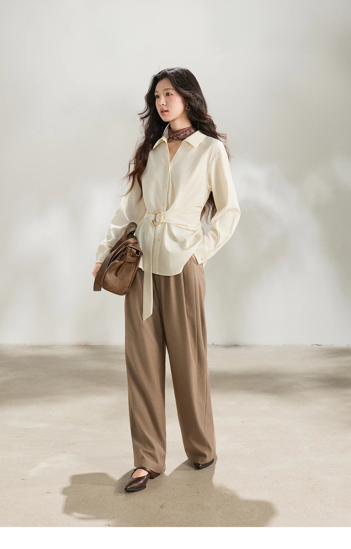 MISHOW Lapel Collar Shirt with Belted Waist Soft Beige MXF13C2452