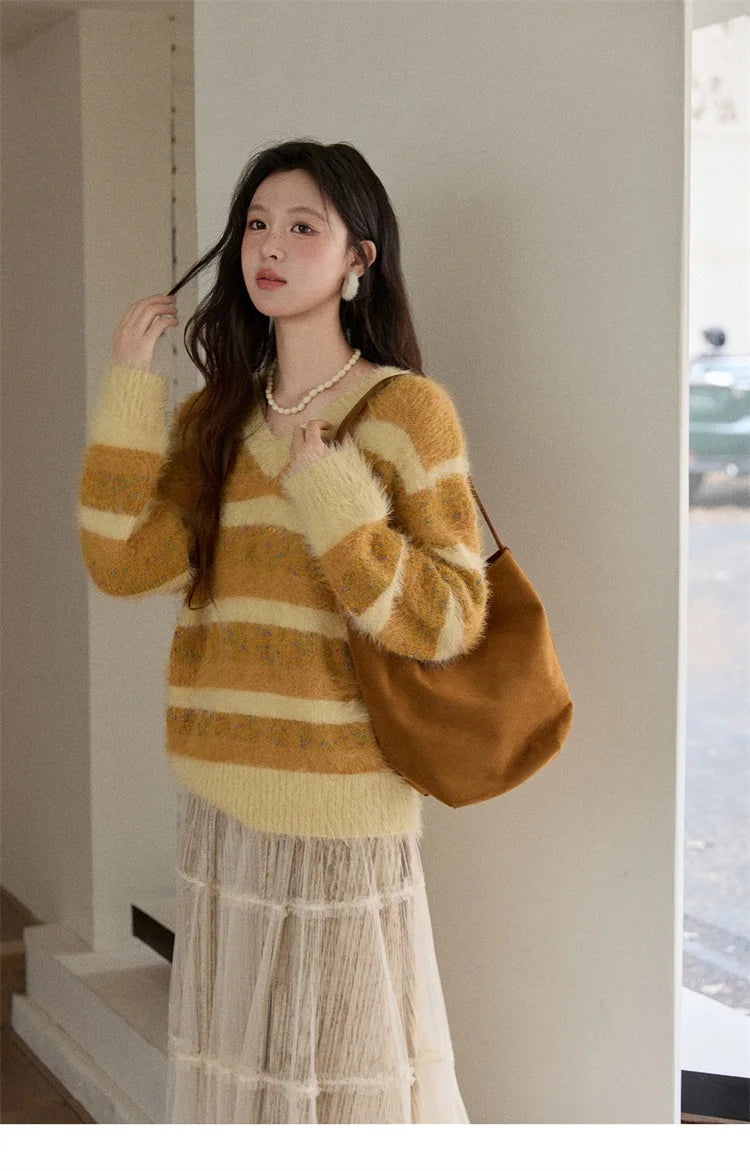 Mishow Retro Yellow Striped Faux Mink Jacquard Sweater MXE87Z2766
