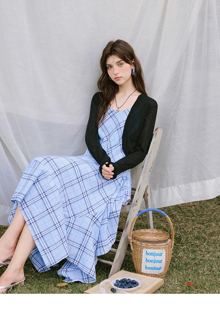 Mishow Blue Plaid Sleeveless A-Line Dress MXE33L2260