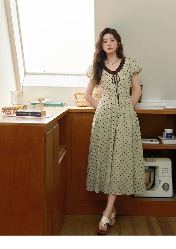Mishow Polka Dot V-Neck Lace Up Puff Sleeve Dress MXE39L2326