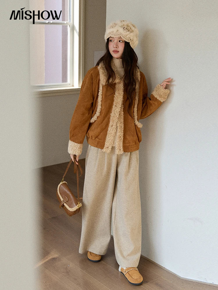 MISHOW Retro Brown Suede Jacket Patchwork Fur Turn Down Collar MXE89W0895