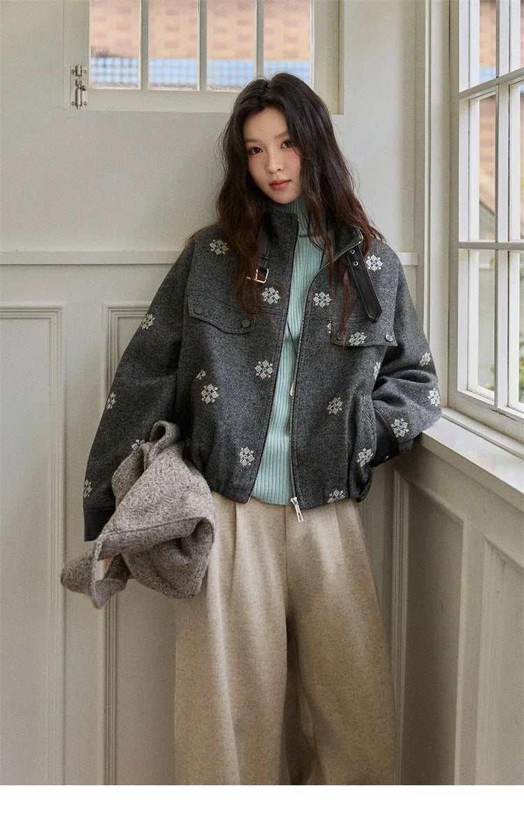 MISHOW Wool Blend Jacket Small Flower Embroidery Turtleneck Zipper MXE86W0906