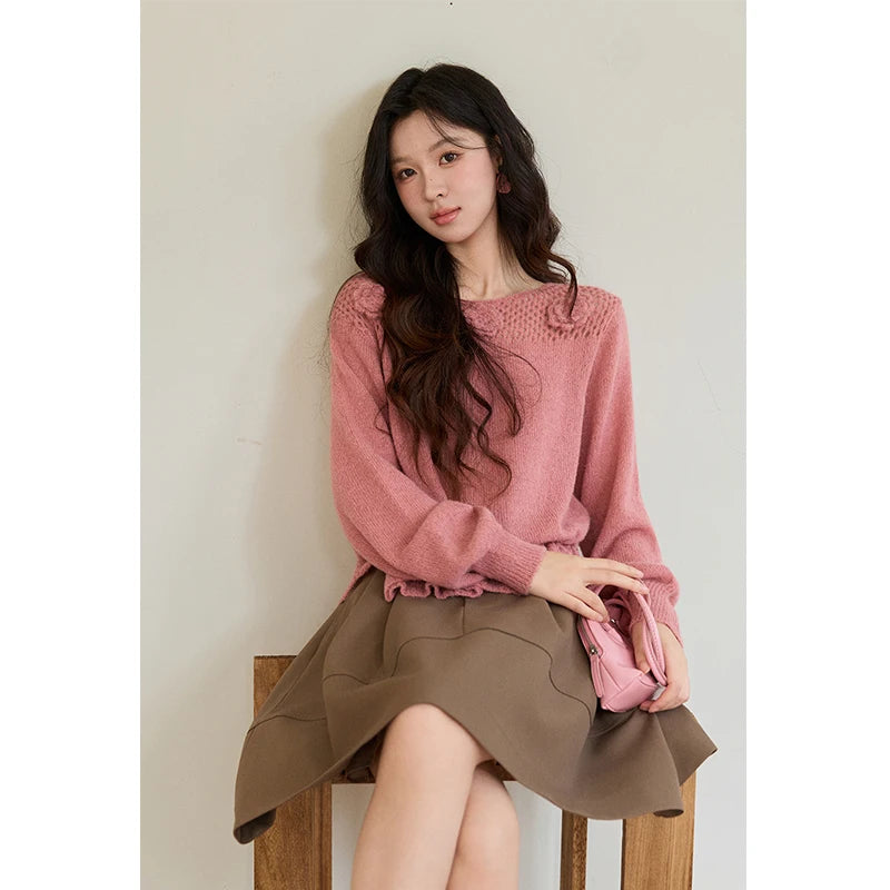 Mishow Pink Hollow Floral Ruffled Hem Sweater MXE94Z2865