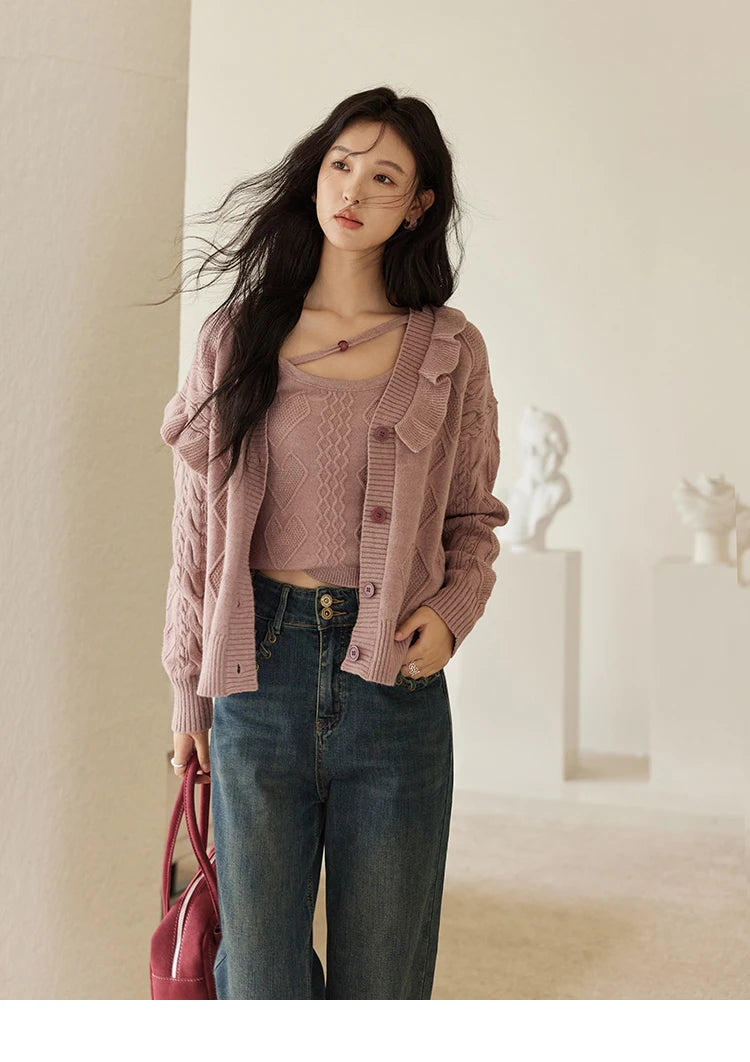 Mishow Pink Asymmetric Flounce Knit Vest Set MXD45Z0781