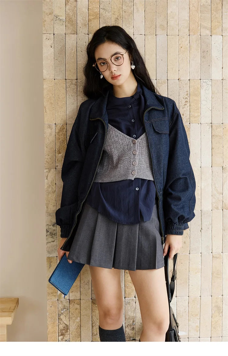 MISHOW Navy Ribbon Layered Shirt Knit Camisole Two-Piece Set MXE47T1412