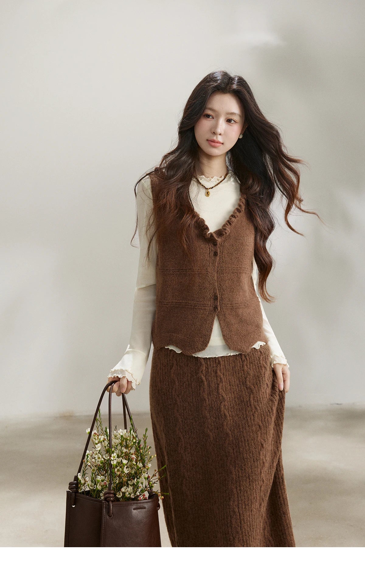 Mishow Brown Knitted Vest & Cable Knit Maxi Skirt Set MXF11T1460
