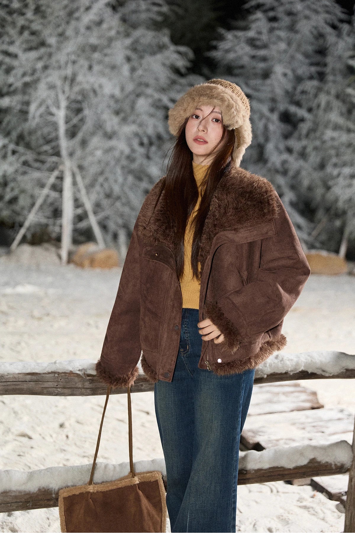 MISHOW Blue Plush Jacket Turn-Down Collar Zip-Up Loose MXE87W0917