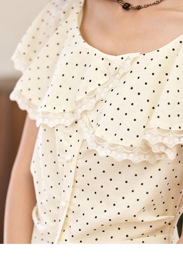 MISHOW Apricot Polka Dot Shirt Ruffle Edge Patchwork Lace MXE34X1783