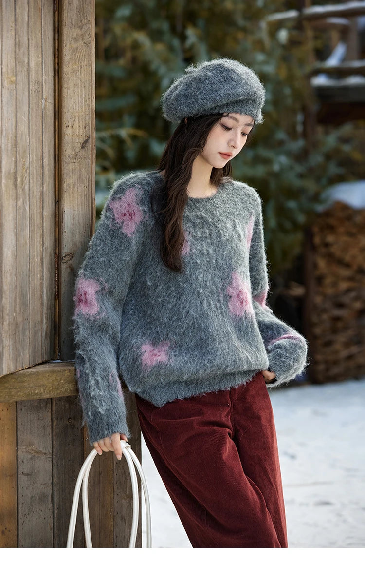 Mishow Wool Yarn Plush Fur Flower O-Neck Pullover MXD56Z1001