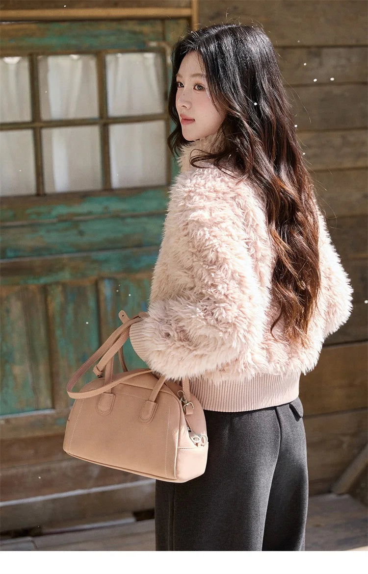 Mishow Pink Stand Collar Faux Lamb Wool Coat MXE91W0974