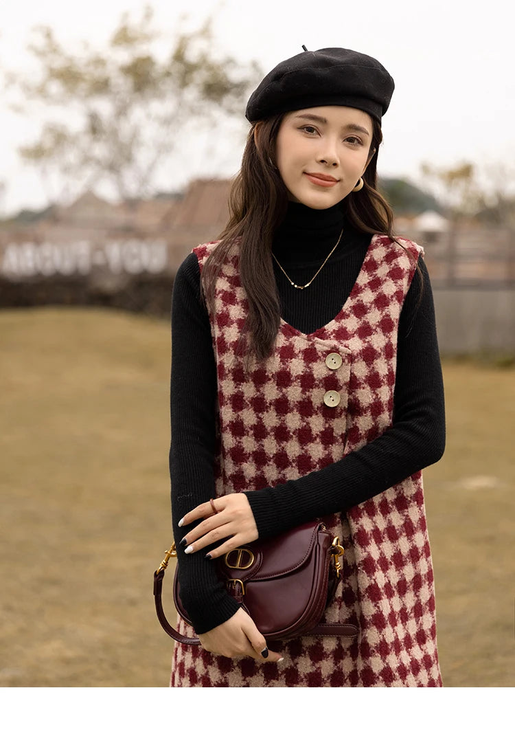 Mishow Plaid V-Neck Sleeveless Woolen Vest Dress MXB47L1332
