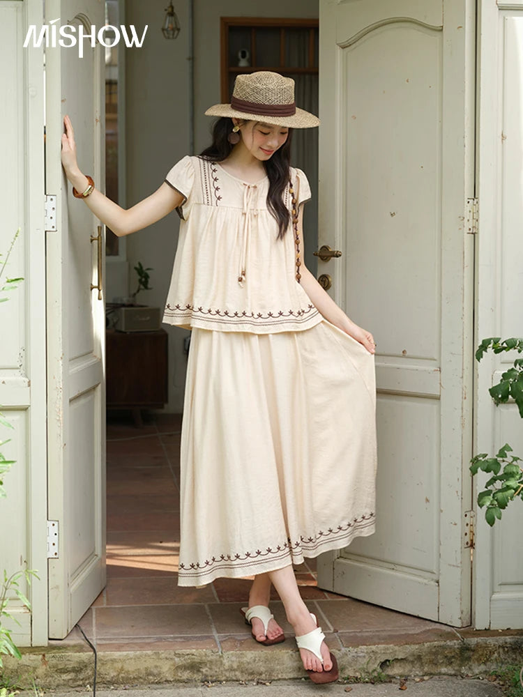 Mishow Embroidery Flying Sleeve Top & Elastic Waist Skirt Set MXE39T0667