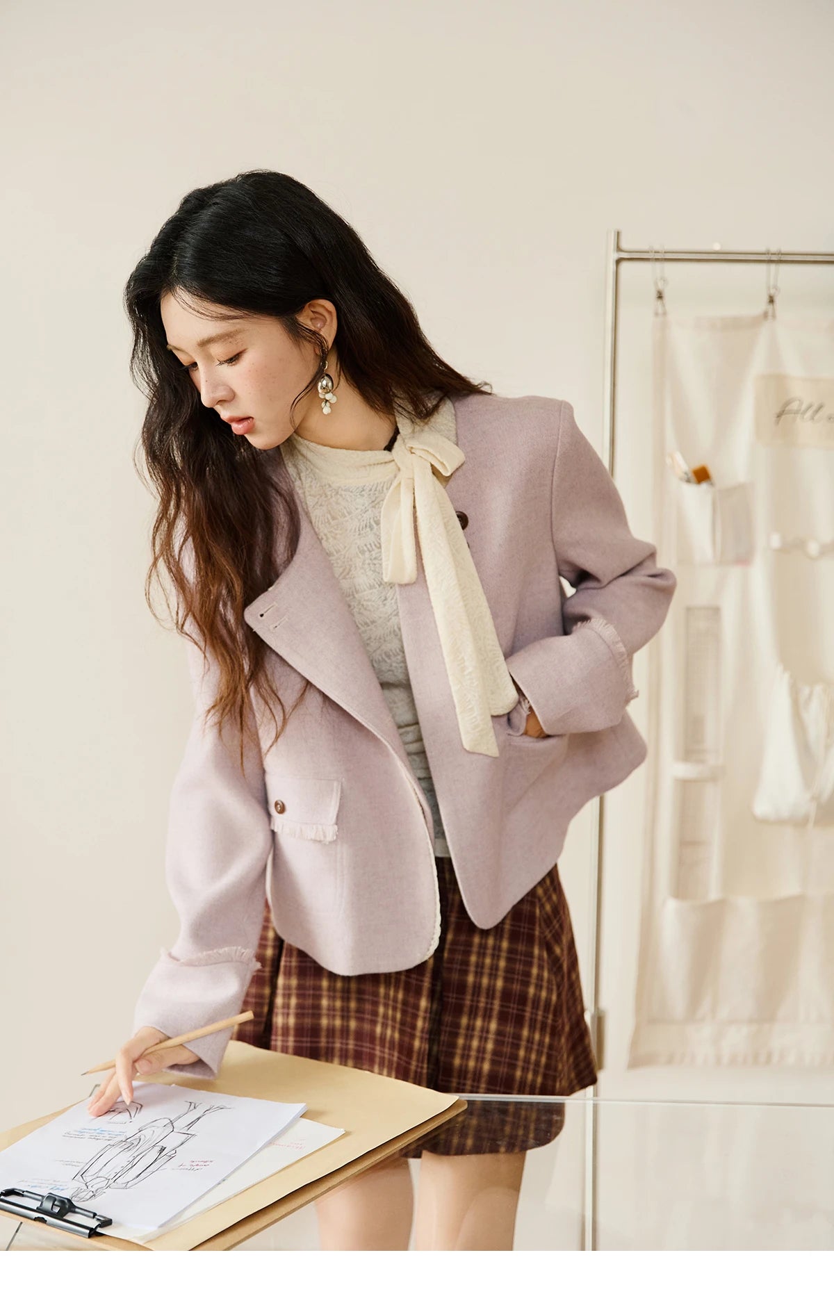 MISHOW Purple Woolen Coat Slanted Placket Splicing Lace Shoulder Pads MXE47W0840