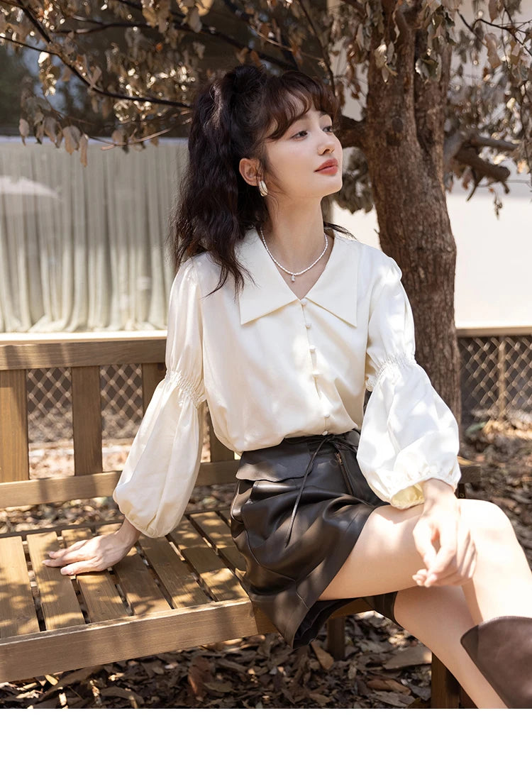 MISHOW Vintage French Lantern Sleeve Blouse Turndown Collar MXB32C0508