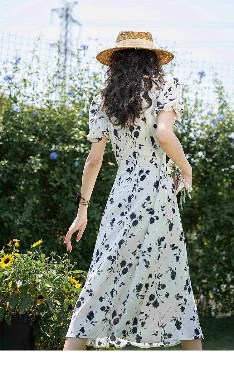 Mishow Lace-Up U-Neck Bubble Sleeve Floral Dress MXD14L1765