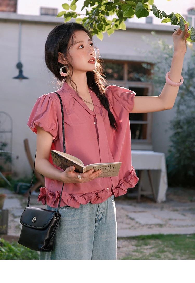 MISHOW V-Neck Puff Sleeve Blouse Lace Up Button Sweet MXE38X1914