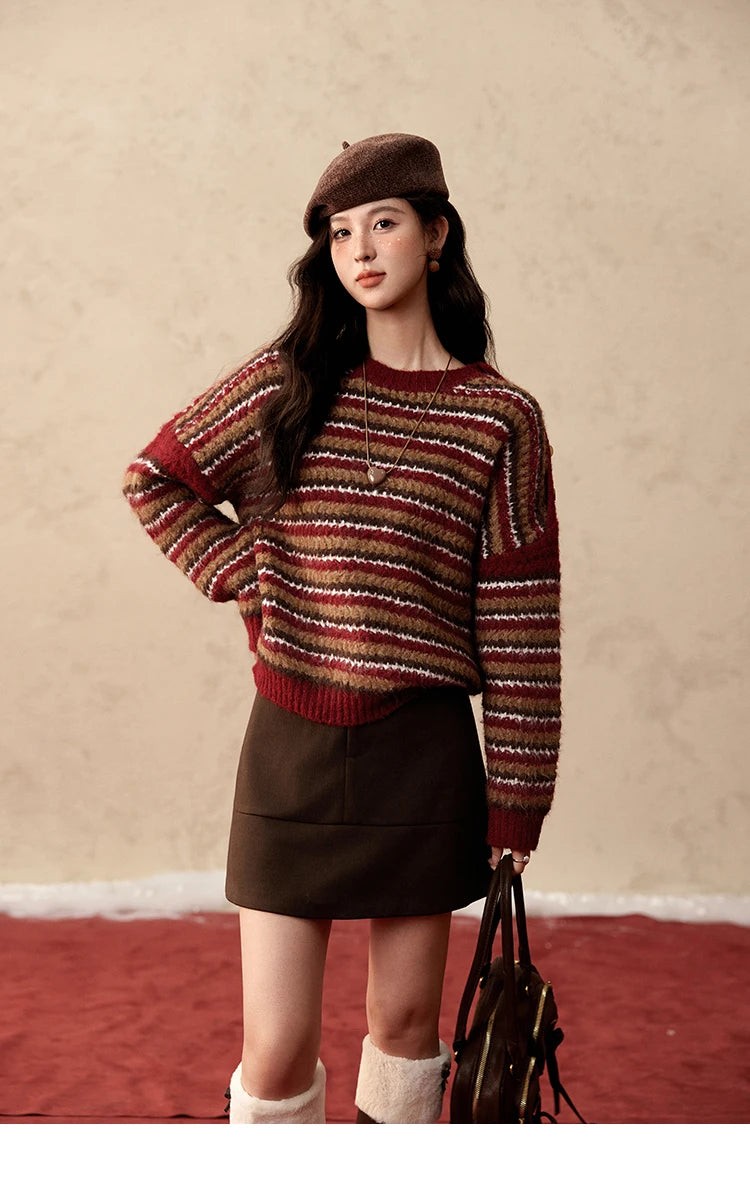 Mishow Christmas Retro Striped Wool Blend Button Sweater MXD59Z1060