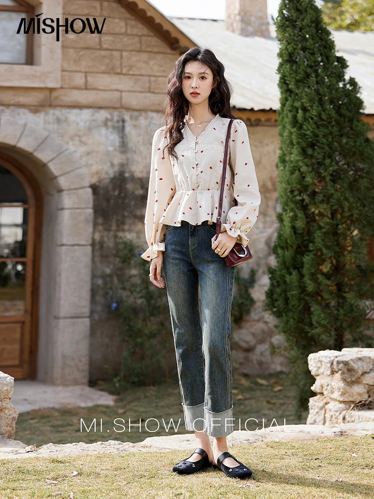 MISHOW Love Embroidered V-Neck Blouse Waist Ruffle MXE13X1700