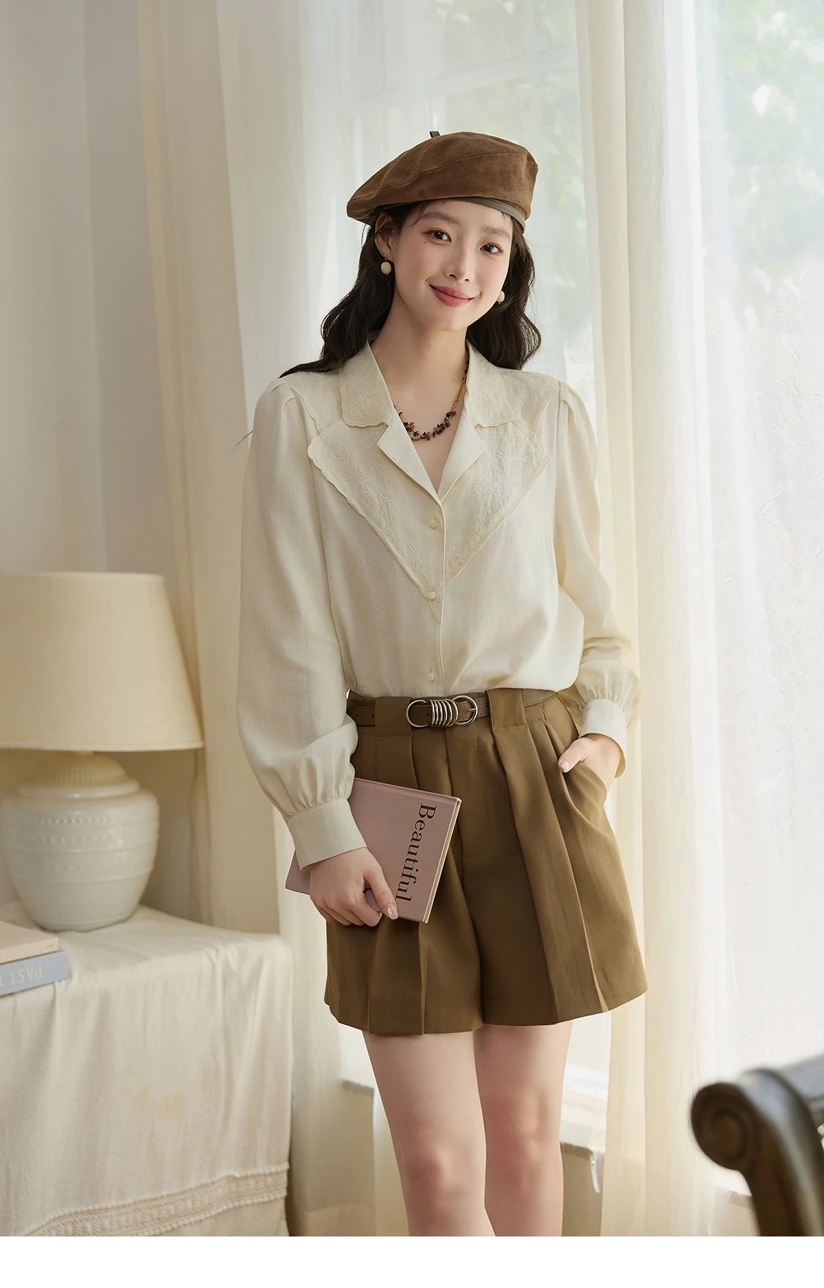 MISHOW Apricot Retro Lace V-Neck Blouse MXE45X2486