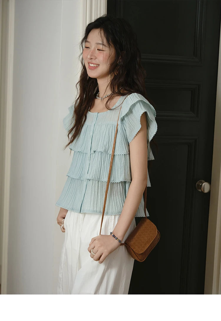 MISHOW Butterfly Sleeve Chiffon Shirt Square Neck Button MXD30X1488