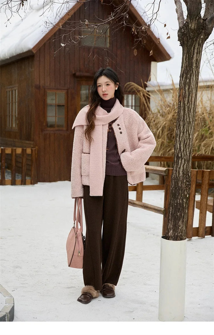 Mishow Plaid Patchwork Lamb Wool Round Neck Coat MXE90W0923