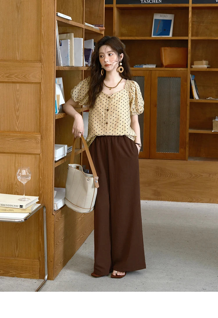 MISHOW Polka Dot Puff Sleeve Blouse V-Neck Button MXE37X1859
