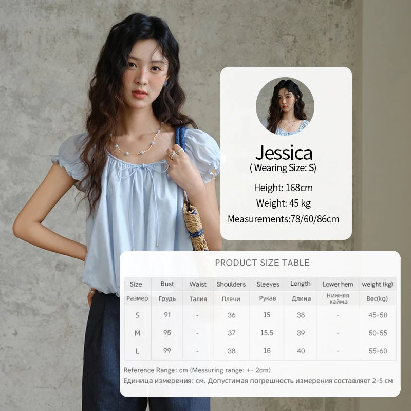 MISHOW Cotton Blouse Puff Sleeve Lace Up O-Neck MXE37X1893