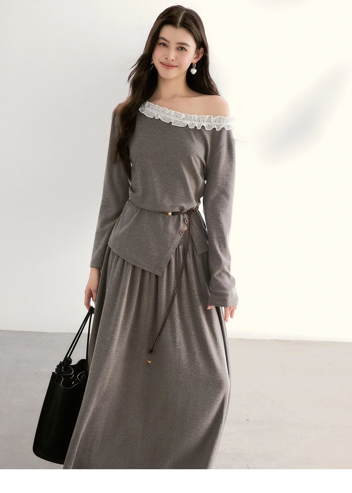 Mishow Grey Off-Shoulder Lace Trim Top & Maxi Skirt Set MXF13T1479