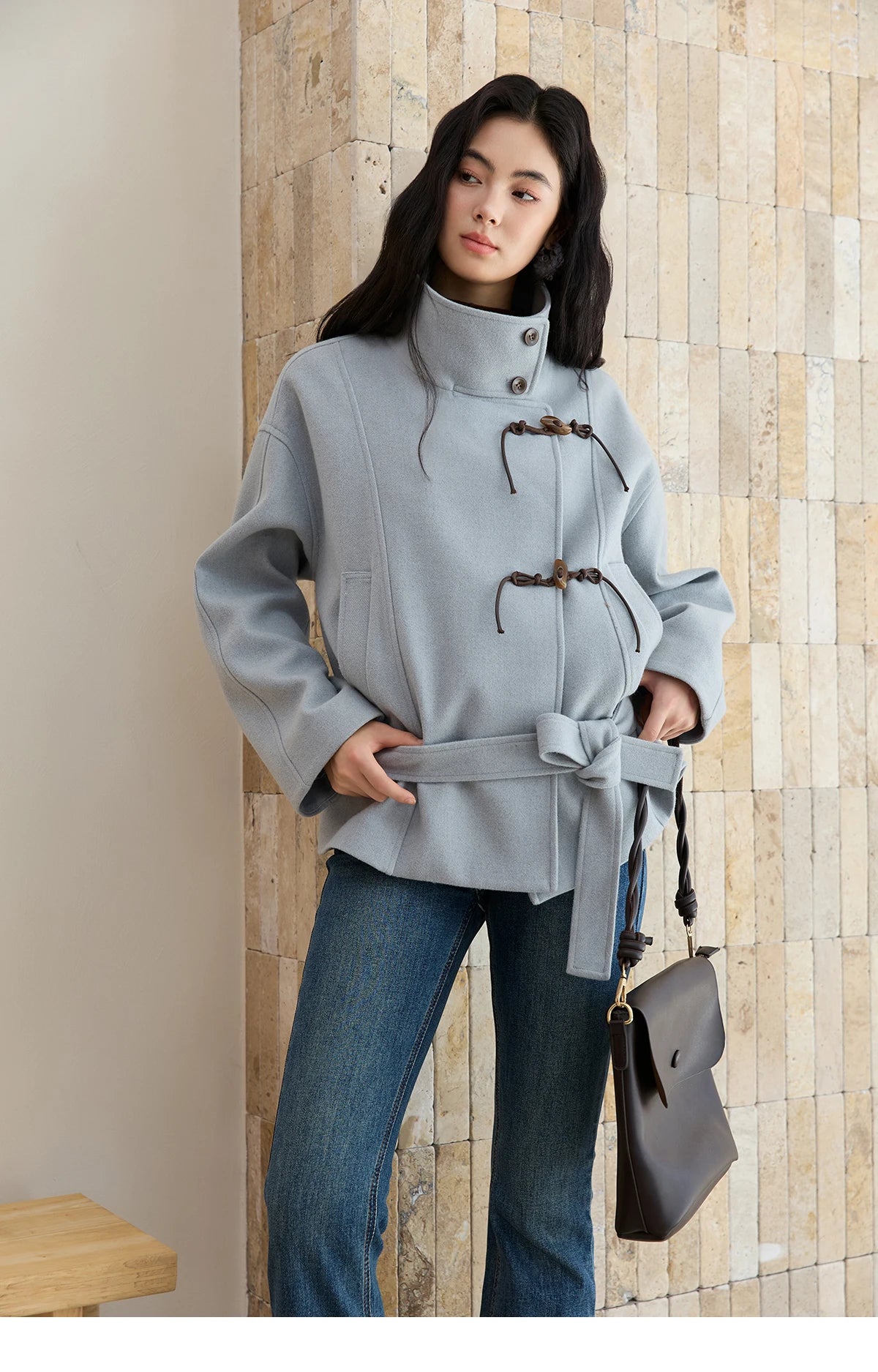 Mishow Blue Double-Breasted Lace Up Woolen Coat MXE51W0872