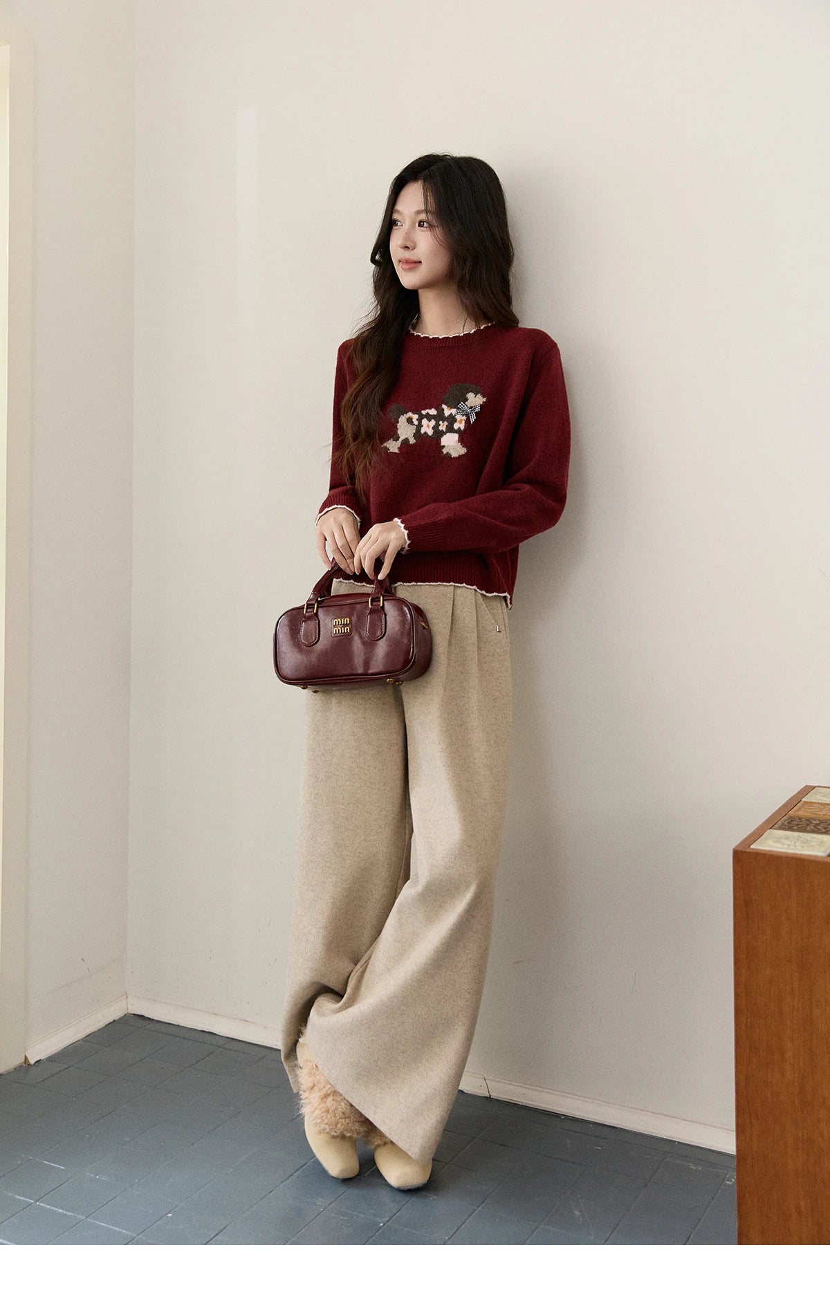 Mishow Burgundy Poodle Pattern Ruffled Trim Pullover MXE93Z2949