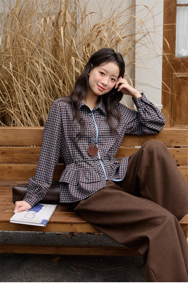 MISHOW Blue Plaid Shirt Lantern Sleeves Ruffled Hem MXE89C2420