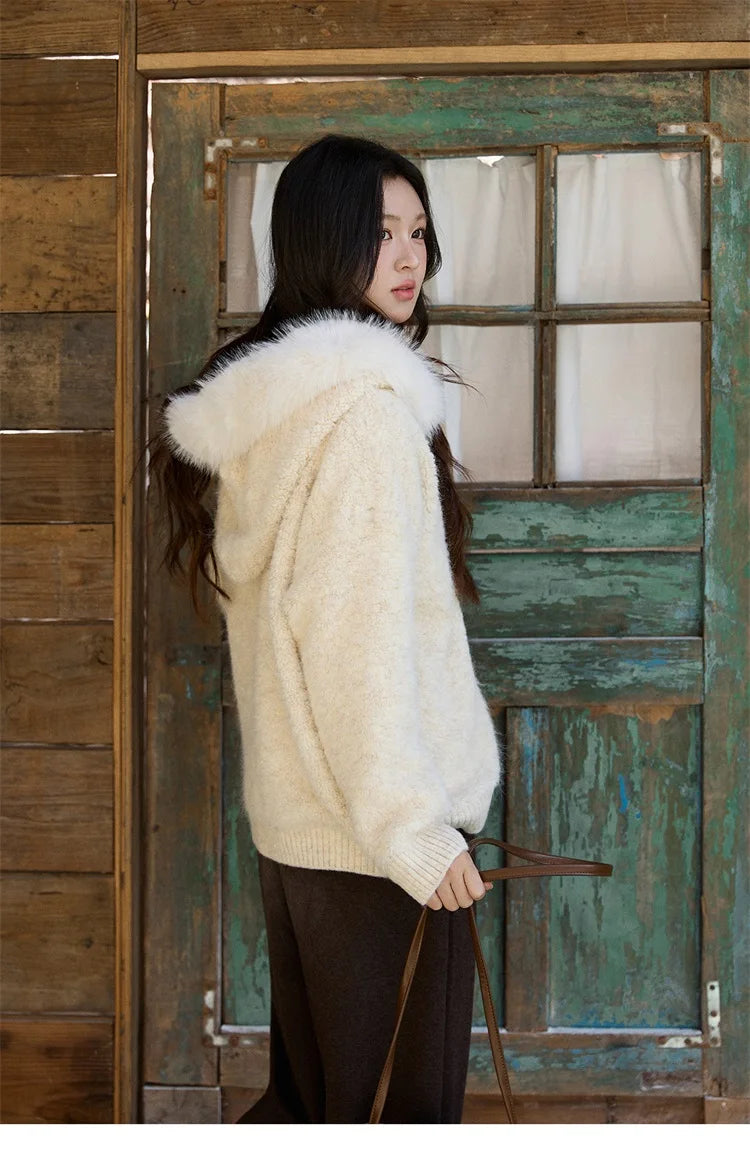 Mishow Beige Fur Hood Zipper Cardigan MXE94Z2963