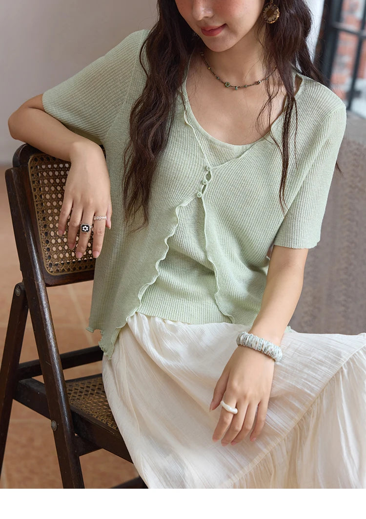 Mishow Mint Green Fake Two-Piece Short Sleeve Cardigan MXE36Z1286