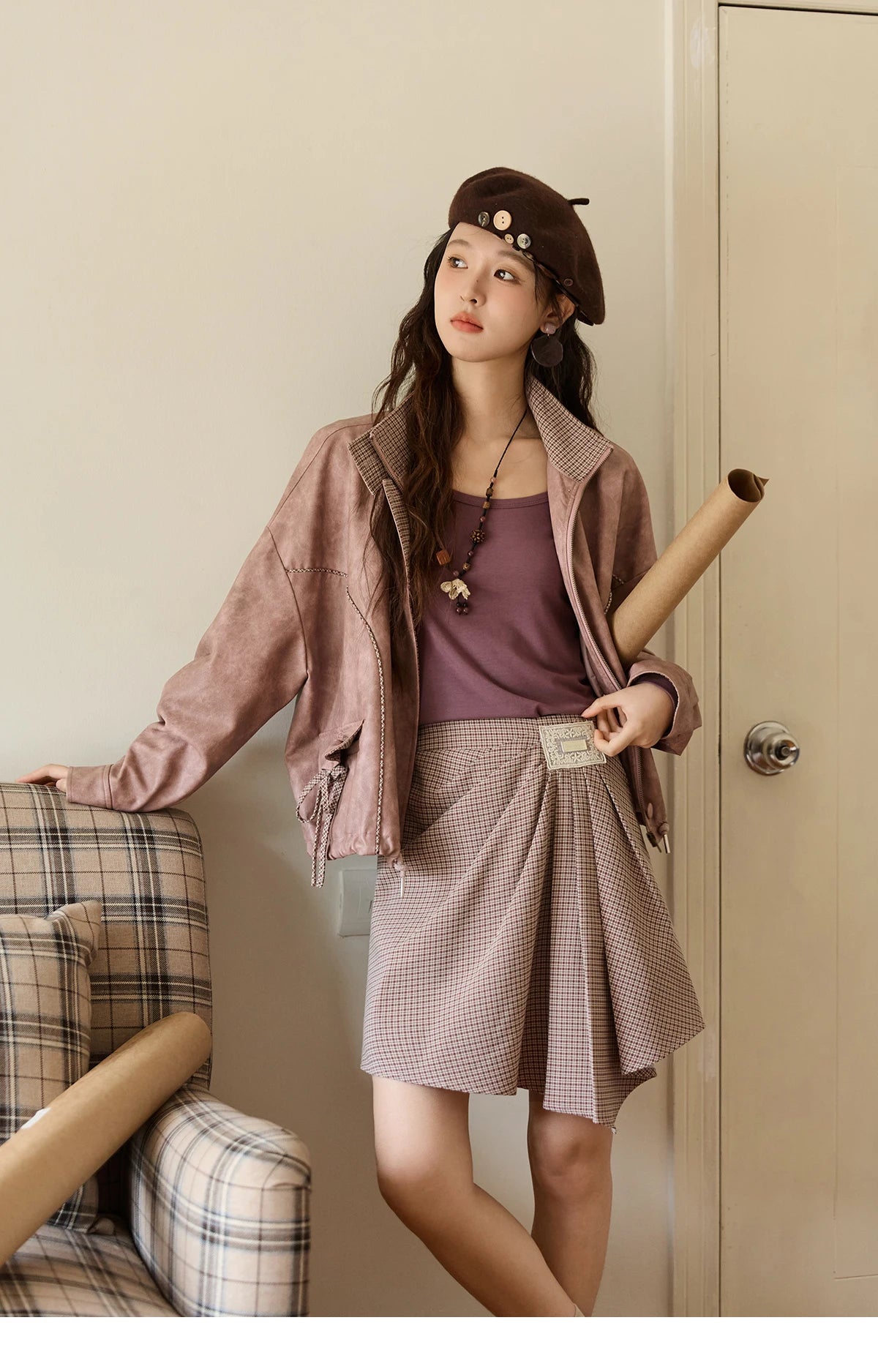 MISHOW Dyed Leather Jacket Contrasting Plaid Lapel Bow Pockets MXE44W0818