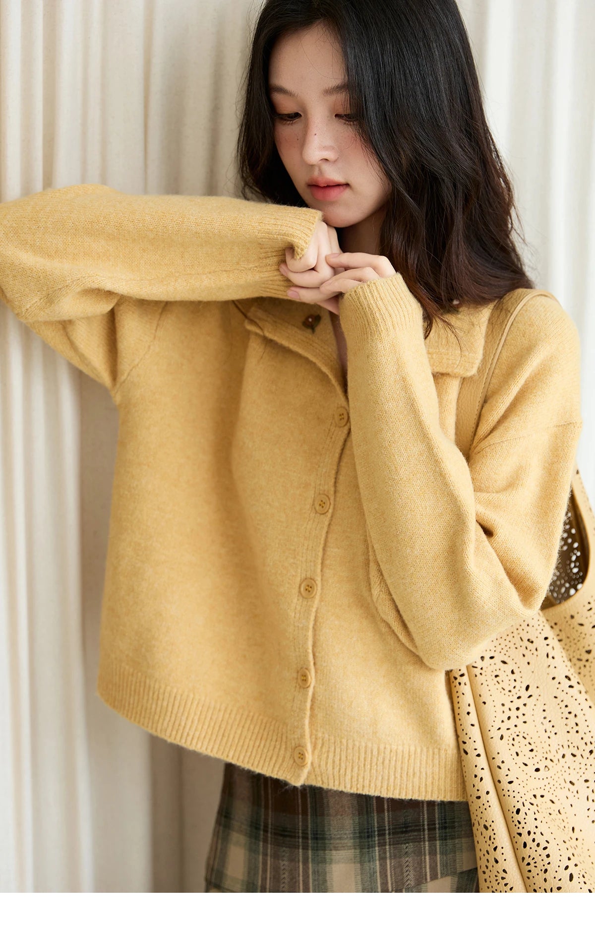 Mishow Yellow Handmade Flower Turn-Down Collar Cardigan MXE47Z2591