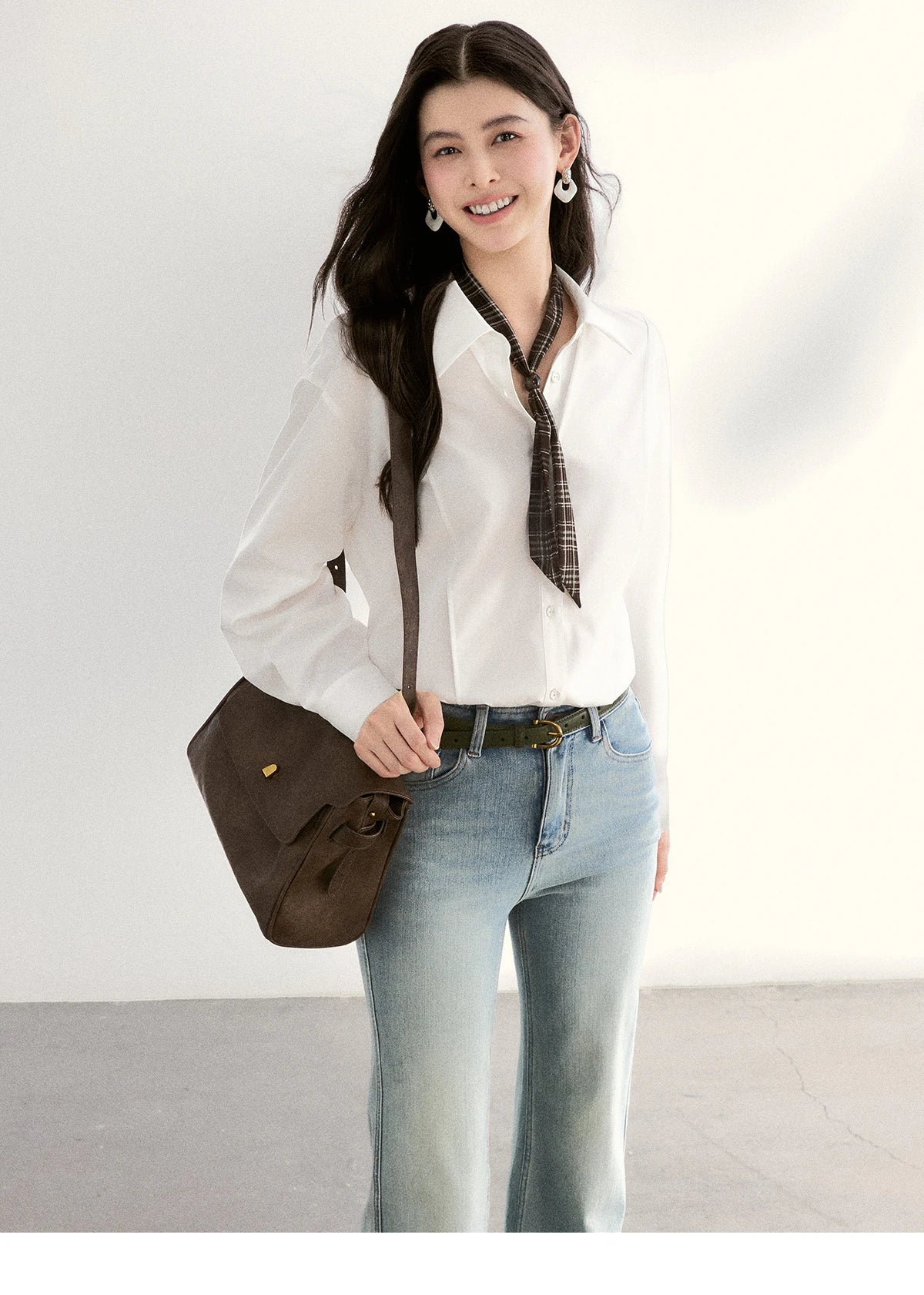 MISHOW Casual Loose Shirt with Plaid Scarf Lapel Top MXF108C0815