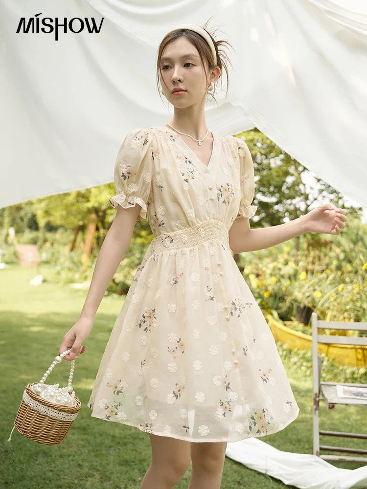 Mishow French Floral Embroidered Petal Sleeve Dress MXC38L1424