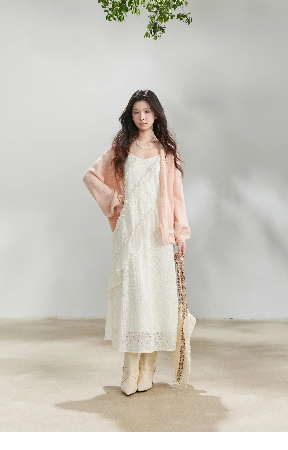 Mishow Pink Ruffled Pearl Button V-Neck Cardigan MXF108Z1028