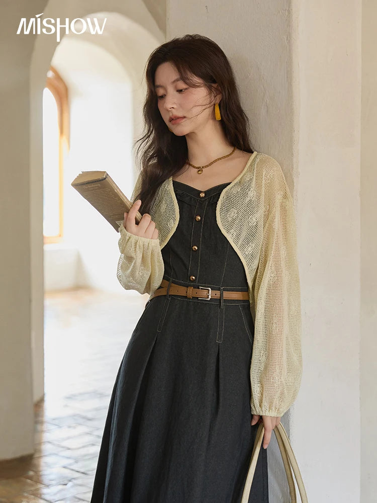 Mishow Lantern Sleeve Cardigan & Denim Strap Dress Set MXE41T0704